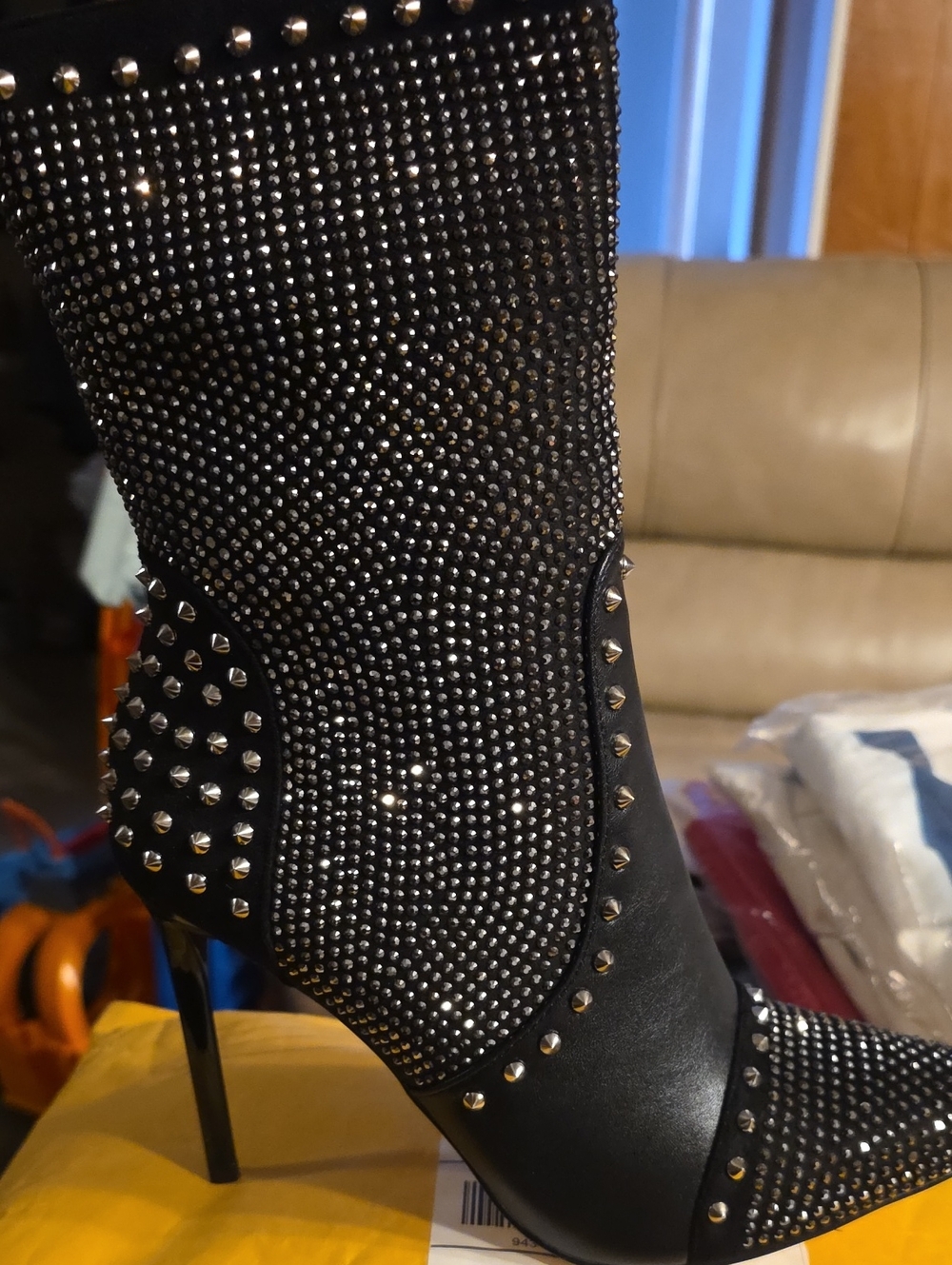 Black Studded High Heel Bootie with Silver Accents